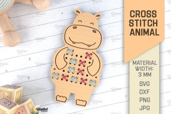 Charming Cross Stitch Animals LaserCut. Hippo SVG